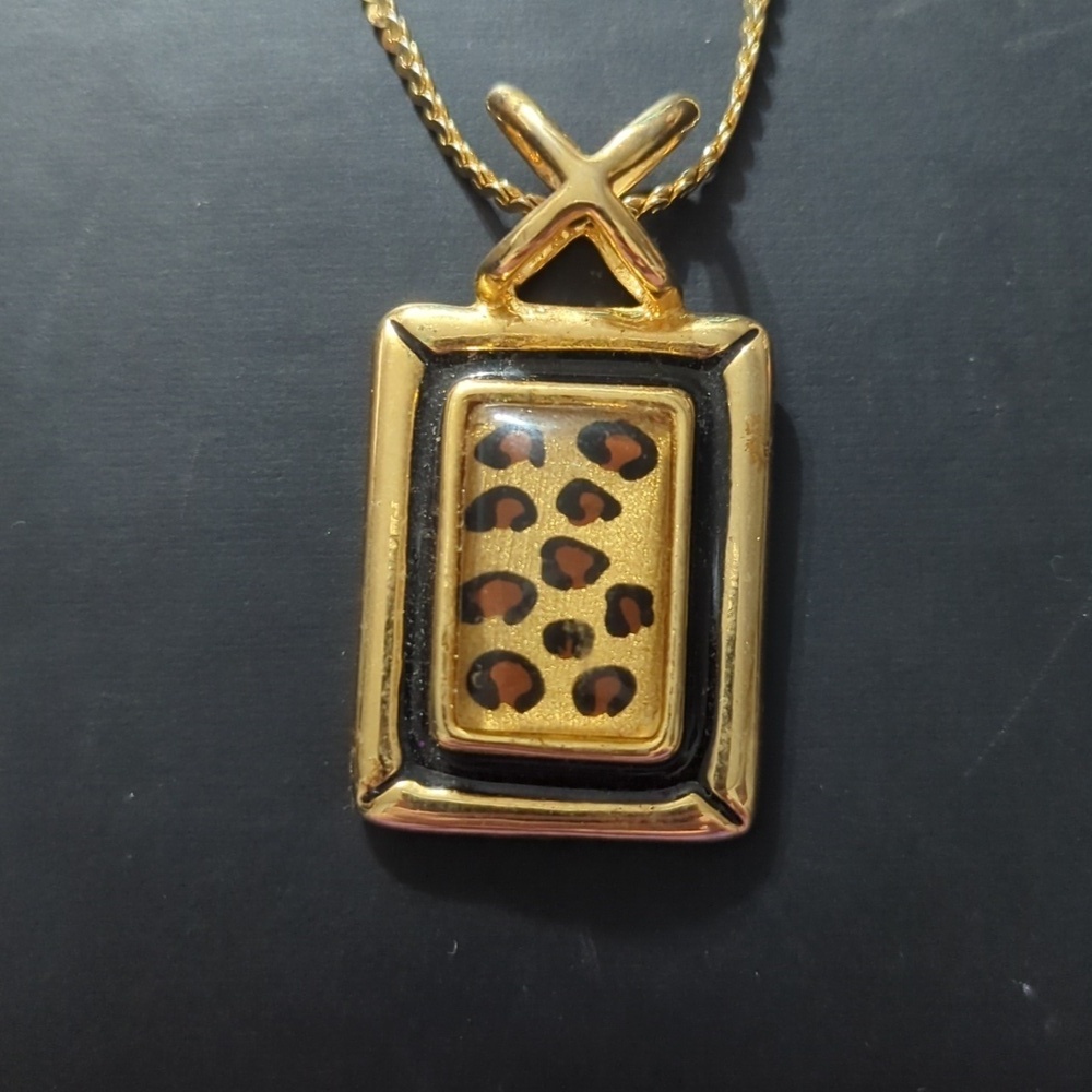 Gold Tone Brown Leopard Cheetah Print Rectangle Pendant Statement Necklace